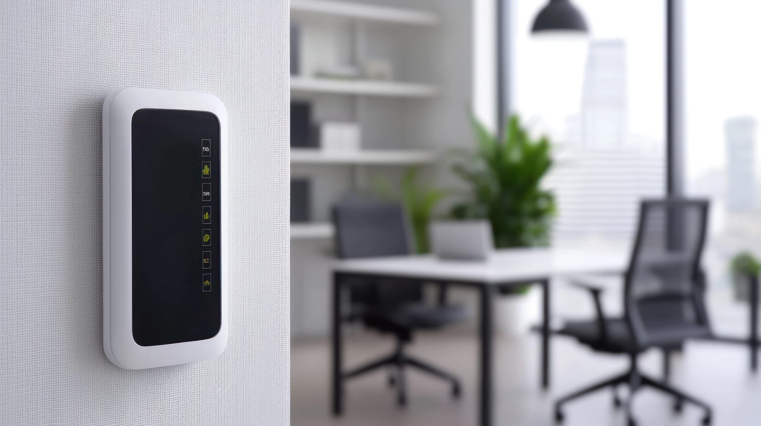 Air purifier monitoring air quality in a modern office space with sensor technology