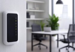 Air purifier monitoring air quality in a modern office space with sensor technology